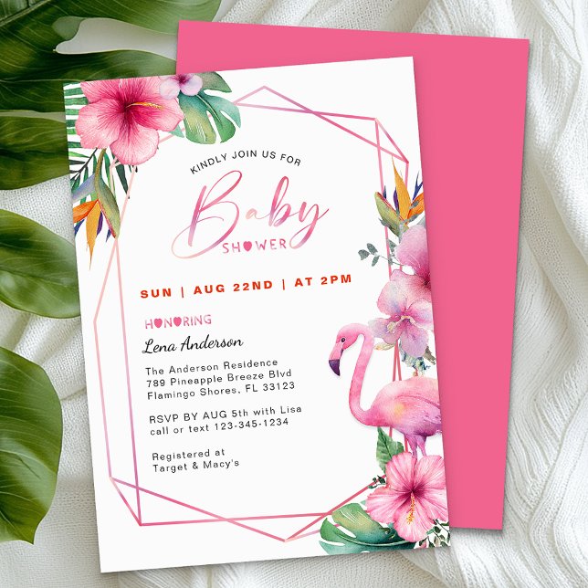 Convite para Chá de fraldas Tropical Flamingo Girl (Tropical Baby Shower Invitation)