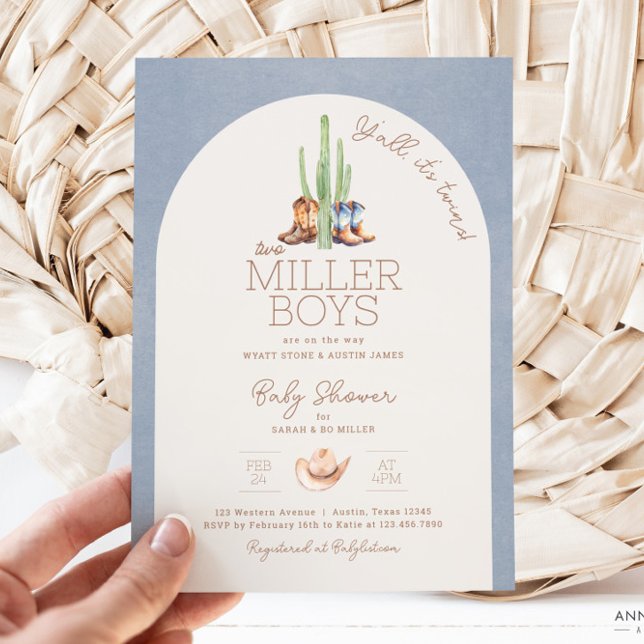 Convite para Chá de fraldas Twin Cowboy (Twin Cowboy Baby Shower Invitation)
