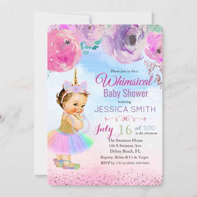 Convite para Chá de fraldas Unicorn Floral Waterco (Frente)