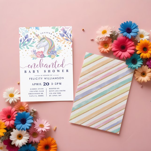 Convite para Chá de fraldas Unicorn Floral Waterco (Floral Watercolor Unicorn Baby Shower Invitation)