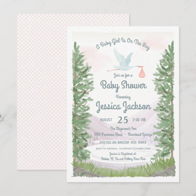 Convite para Chá de Garota de Viagem de Stork (Frente/Verso)