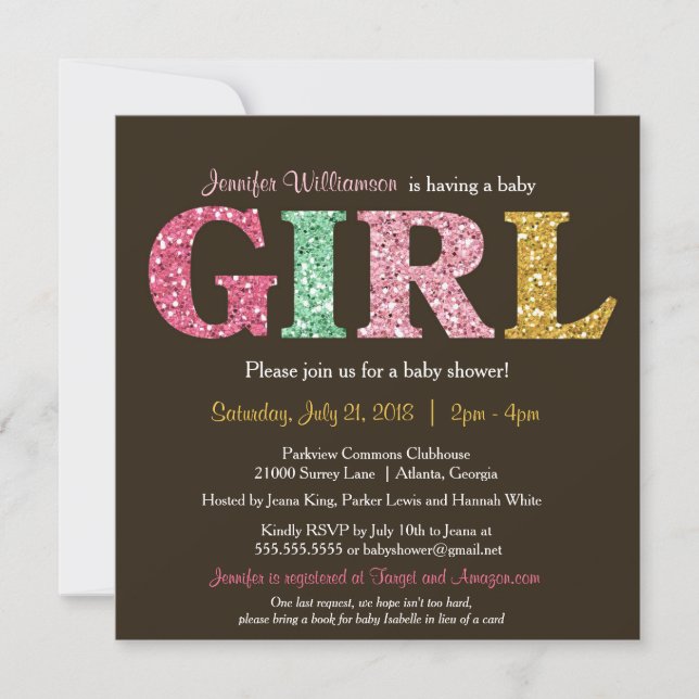 Convite para Chá de Garota Glitter Colorida (Frente)