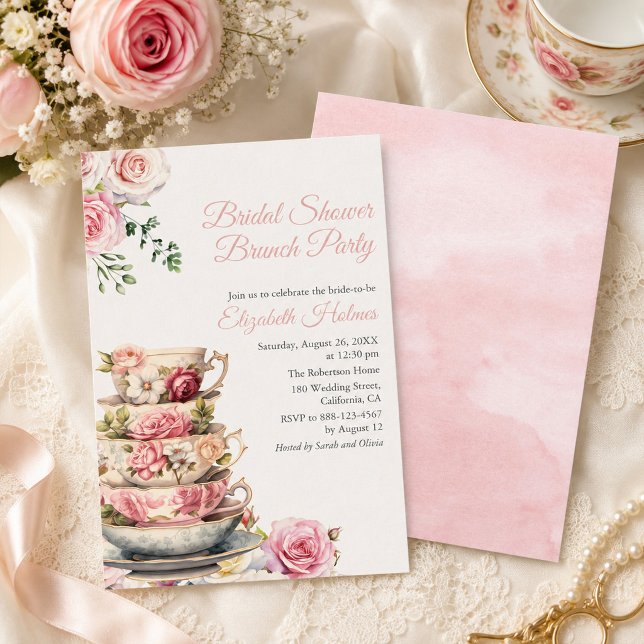 Convite para Chá de Lanche de Noivado Rosa Bege (Blush Pink Bridal Luncheon Invitation Tea Party)