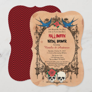 Convite para chá de noiva de Halloween. Caveiras d