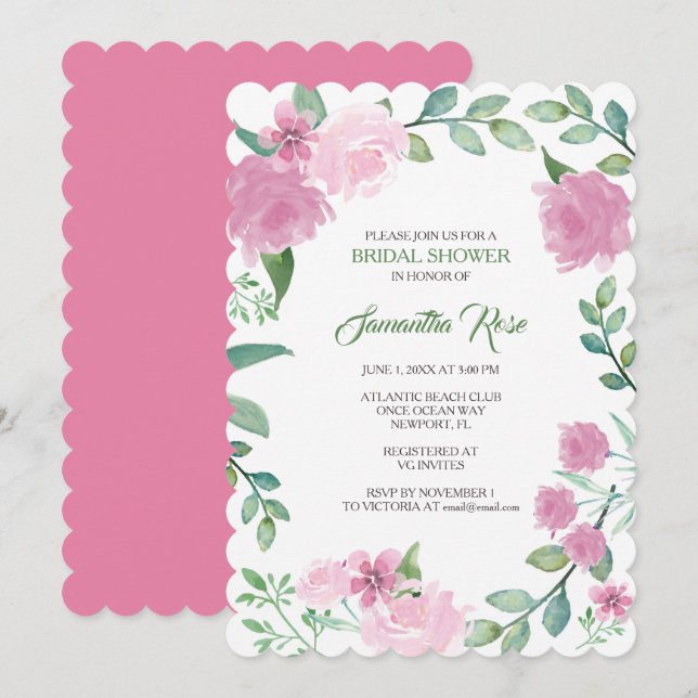 CONVITE PARA CHÁ DE NOIVA, Rosas Rosa Folhagem (Frente/Verso)