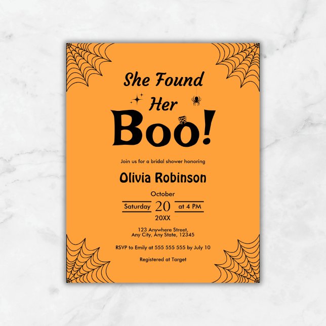 Convite para Chá de panela de Dia Negro Laranja de (Budget Orange She Found Her Boo Halloween Bridal Shower Invitation  )