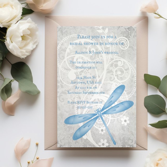 Convite para Chá de panela de Dragonfly Azul (Blue Dragonfly Bridal Shower Invitation)
