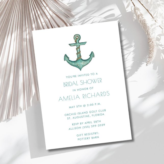 Convite para Chá de panela de faixa de tetos de ân (Nautical Anchor Teal Stripe Bridal Shower Invite)