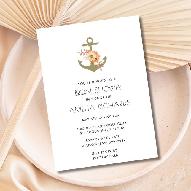 Convite para Chá de panela de faixa Dourada de Ânc (Nautical Anchor Gold Stripe Bridal Shower Invite)