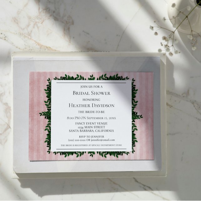Convite para Chá de panela de Folhagem com Faixas  (Pink Vintage Striped Foliage Bridal Shower Invite)