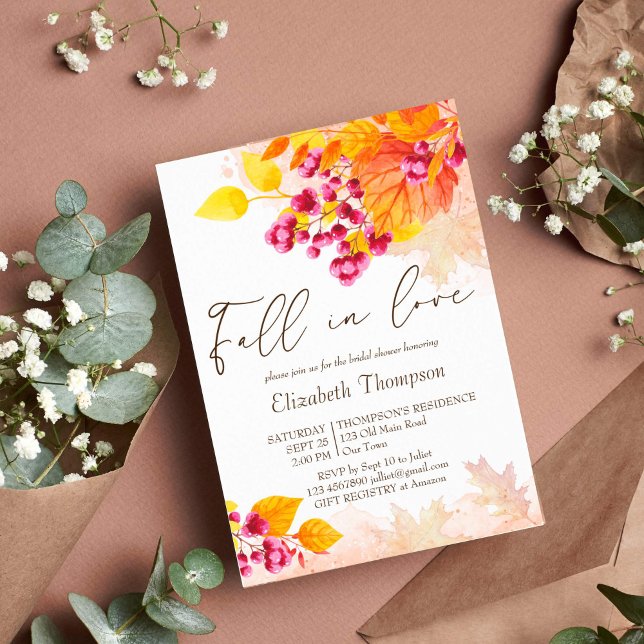 Convite para chá de panela de folhagem no outono (Fall in love autumn bridal shower invitation template watercolor foliage berries instant download)