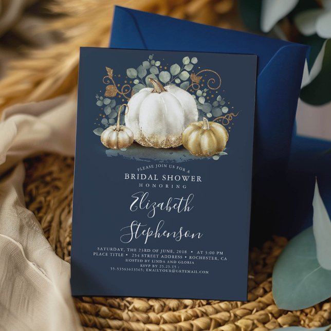 Convite para Chá de panela de Pumpkins branco e Do (Pumpkins Navy Blue Fall Bridal Shower Invitation)