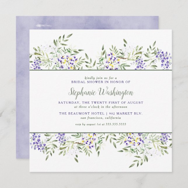 Convite para Chá de panela de Wisteria de Aquarela (Frente/Verso)