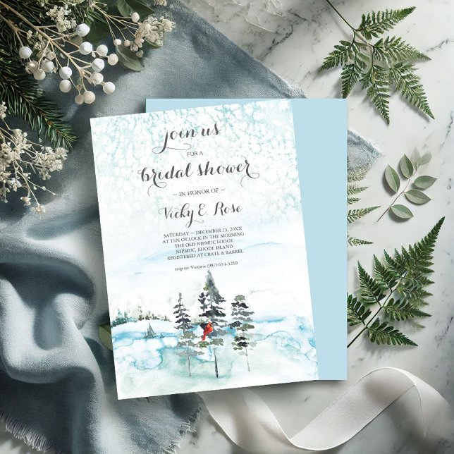 Convite para Chá de panela Evergreen no Natal de i (Country bridal shower invitations watercolor pine trees snowy scene cardinal blue)