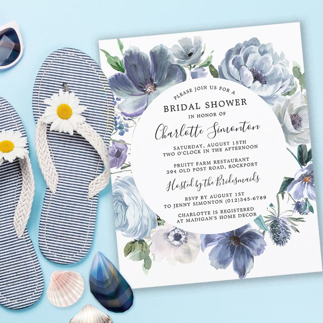 Convite para Chá de panela Floral Azul Dusty (Coastal Chic Dusty Blue Bridal Shower Invitation)