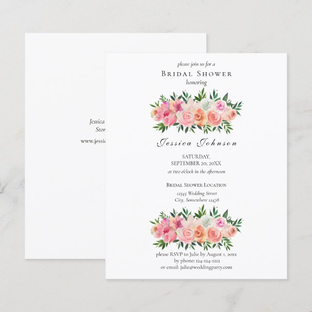 Convite para Chá de panela Floral Branco e Rosa de (Frente/Verso)