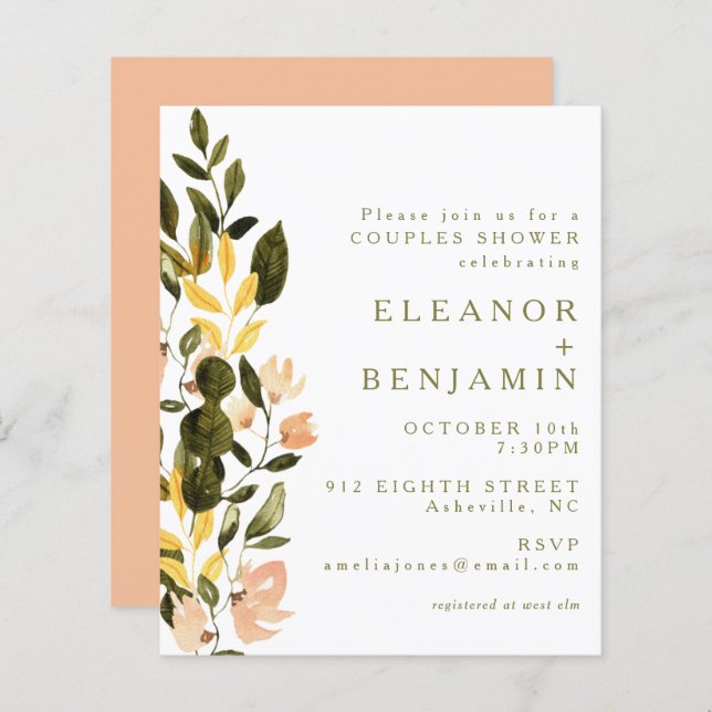 Convite para Chá de panela Floral de Pessegueira d (Frente/Verso)