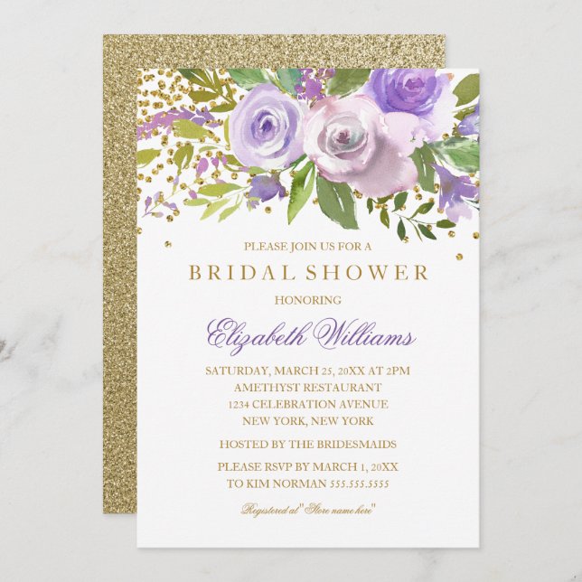 Convite para Chá de panela Floral Dourado Roxo (Frente/Verso)