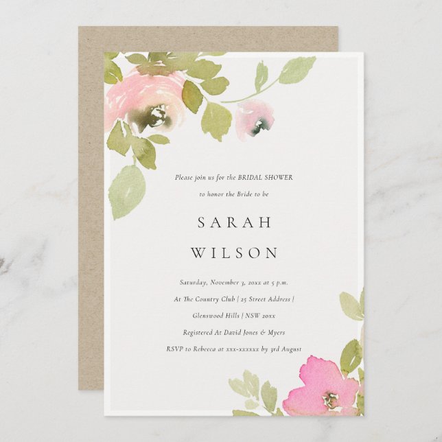 Convite para Chá de panela Floral Rosa de Blush de (Frente/Verso)