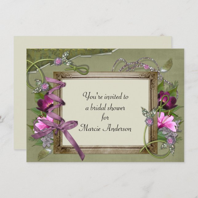 Convite para Chá de panela Verde Rosa Vintage (Frente/Verso)