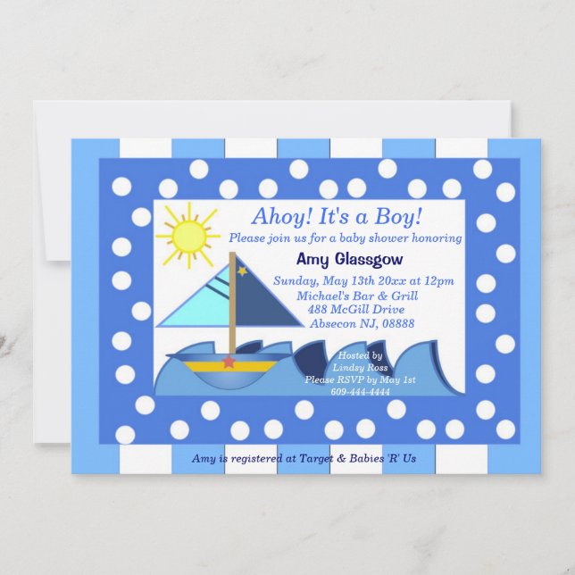 Convite para Chá do Baby Boy Sailboat (Frente)