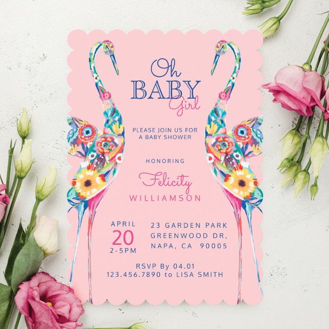 Convite para Chá Floral Botânico Stork Baby Girl (Floral Botanical Stork Baby Girl Shower Invitation)