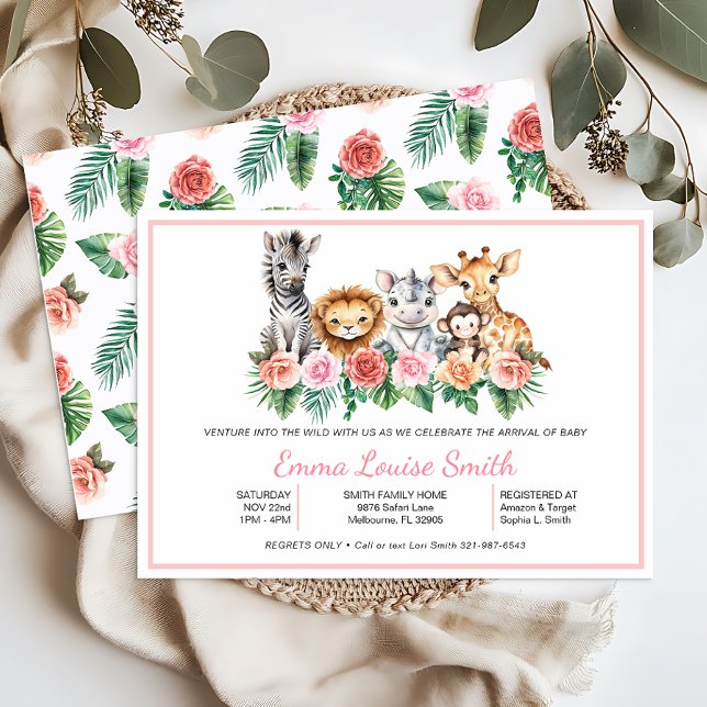 Convite para Chá Safari Jungle Baby Girl (Baby Shower Invite)