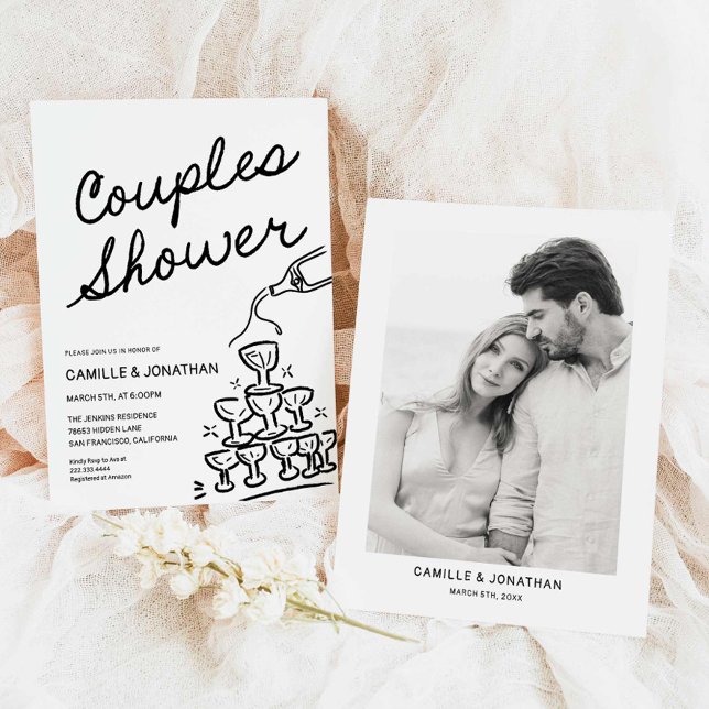 Convite para Champanhe de Chá de Casais Modernos (Modern Hand Drawn Couples Shower Invitation)