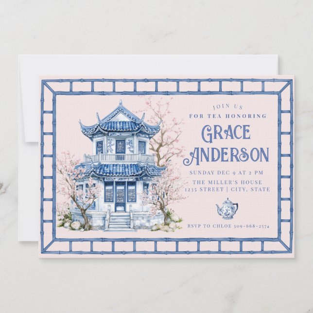 Convite para chás de bambu, cor-de-rosa e azul (Frente)