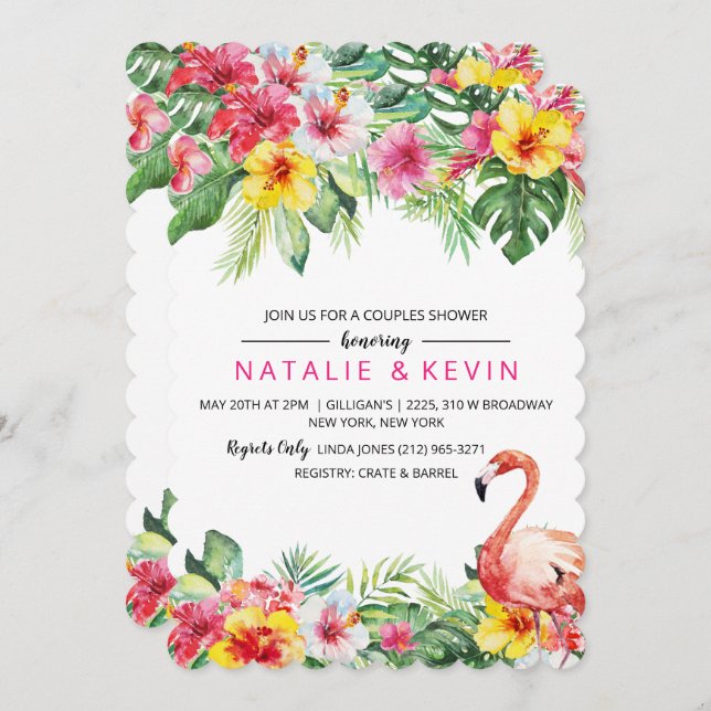 Convite para Chás de Casais Tropicais Flamingo (Frente/Verso)