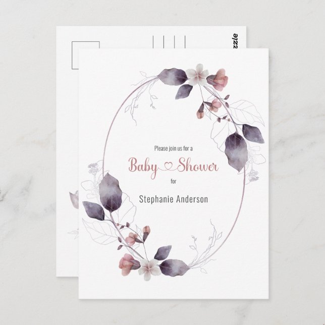 Convite para Chás de fraldas Botânicos Rosa-Rosa M (Frente/Verso)