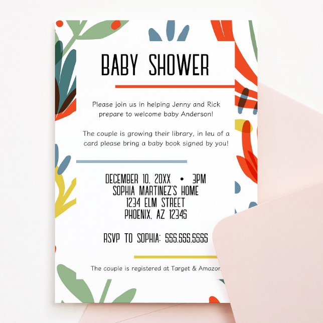 Convite para Chás de fraldas Bright Botanicals (bright and colorful botanical floral baby shower invitation green, yellow, blue, red flowers)