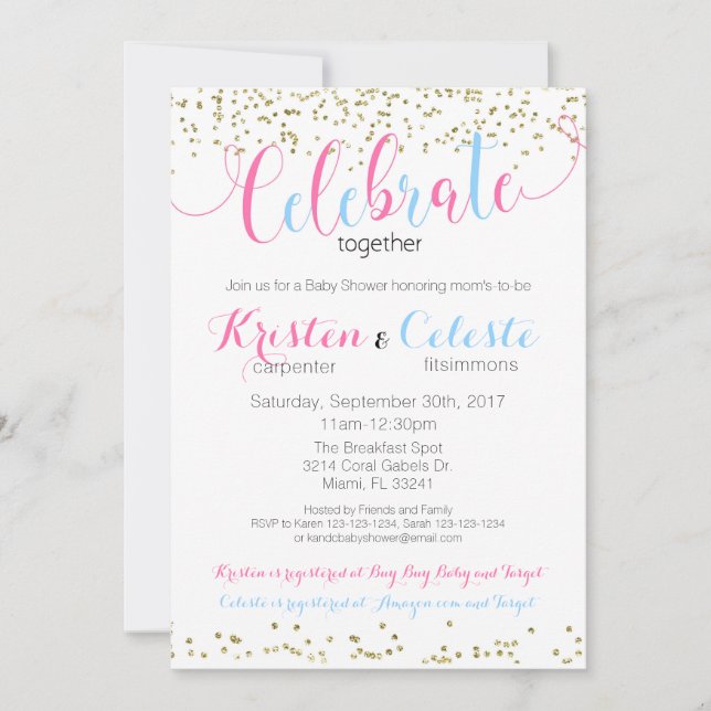 Convite para Chás de fraldas Combinados de Bebês e (Frente)