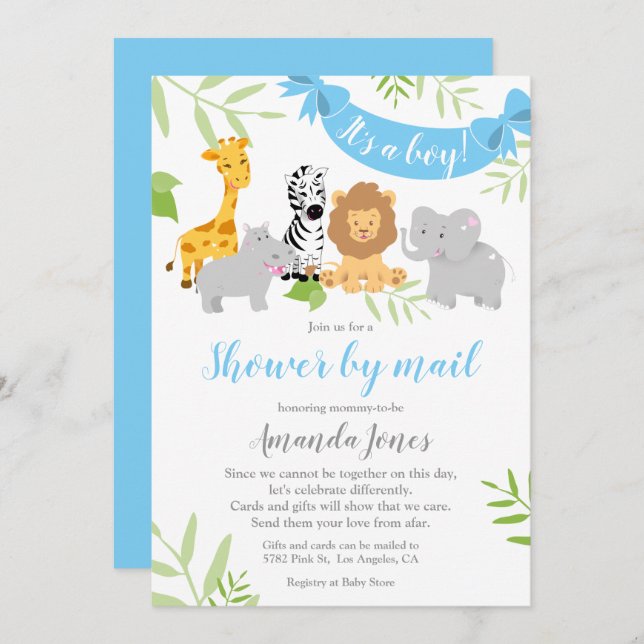Convite para Chás de fraldas Cute Safari Animal (Frente/Verso)