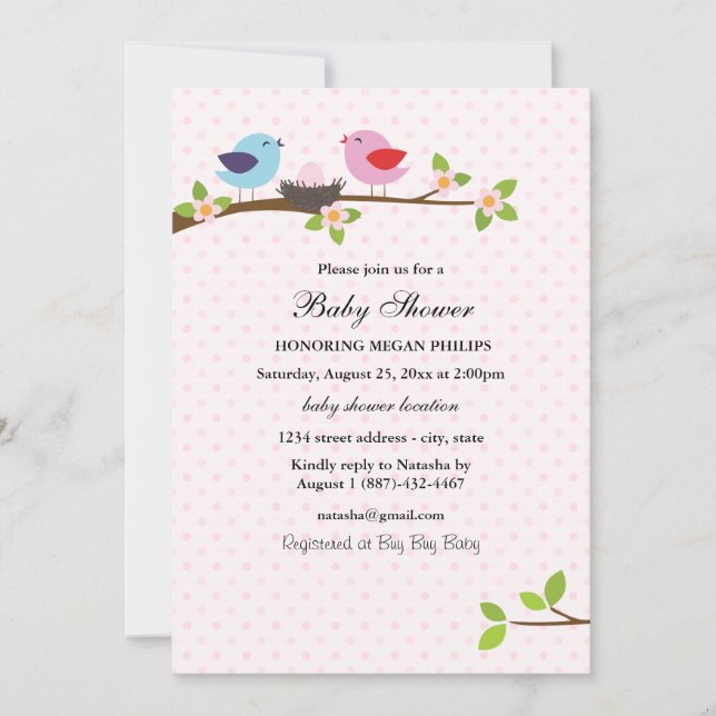 Convite para Chás de fraldas da Família de Aves (Frente)