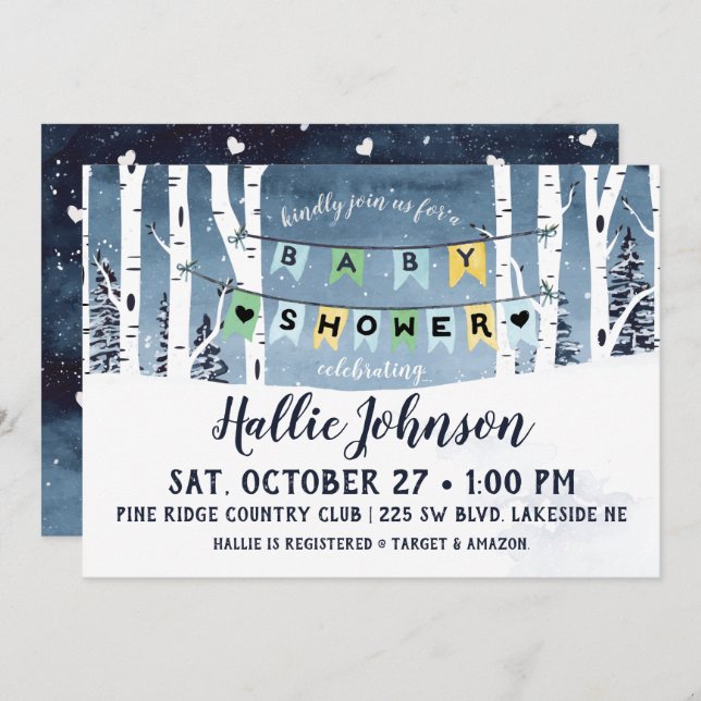 Convite para Chás de fraldas da Floresta de invern (Frente/Verso)