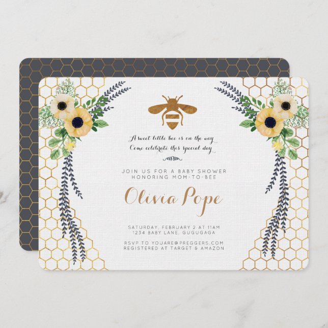 Convite para Chás de fraldas de abelhas (Frente/Verso)