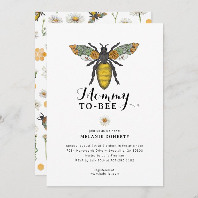 Convite para Chás de fraldas de abelhas | Wildflow (Frente/Verso)