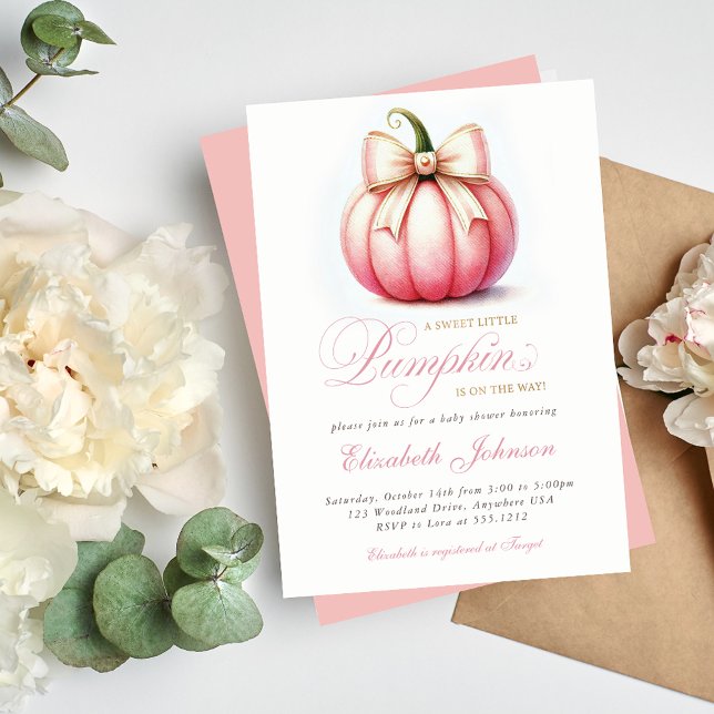 Convite para Chás de fraldas de abóbora rosa doce (Celebrate your little one with our Sweet Little Pink Pumpkin Baby Shower Invitation. )