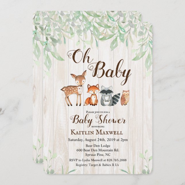 Convite Para Chás de fraldas De Animais Da Florest (Frente/Verso)