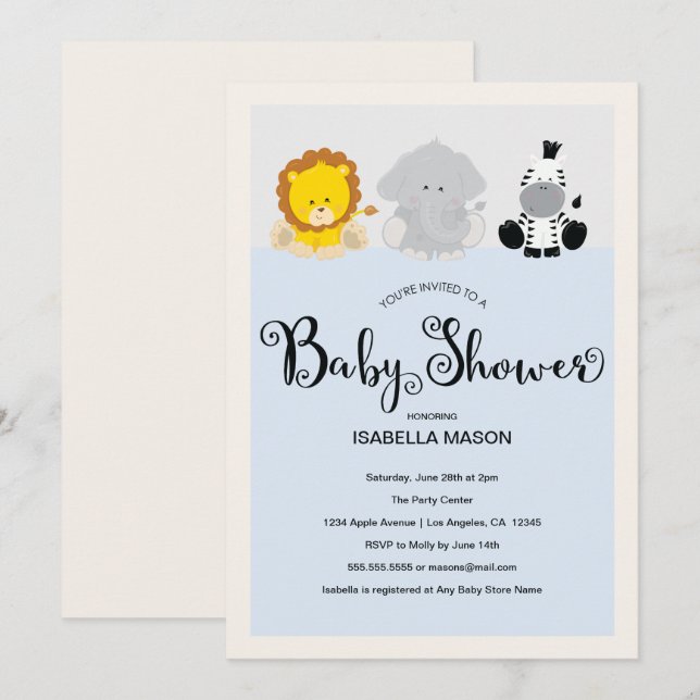 Convite Para Chás de fraldas De Animais De Zoo (Frente/Verso)