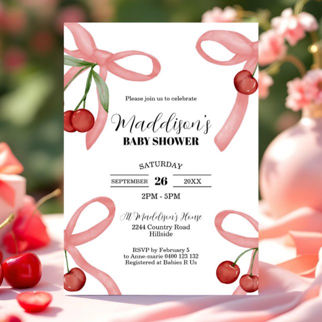 Convite para Chás de fraldas de Arcos Cherry Coque (Cherry Baby Shower Invitation. Coquette Baby Shower Invitation Cherries and Bows Baby Shower Invite)