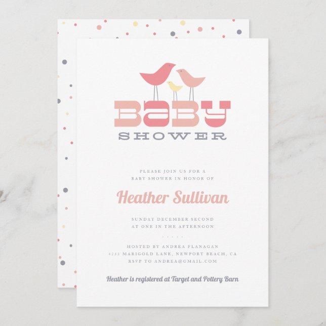 Convite para Chás de fraldas de aves - Rosa (Frente/Verso)