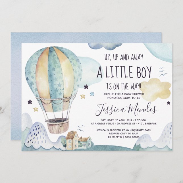 Convite para Chás de fraldas de balão de ar quente (Frente/Verso)