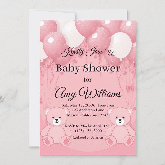 Convite para chás de fraldas de Balões Rosa (Frente)