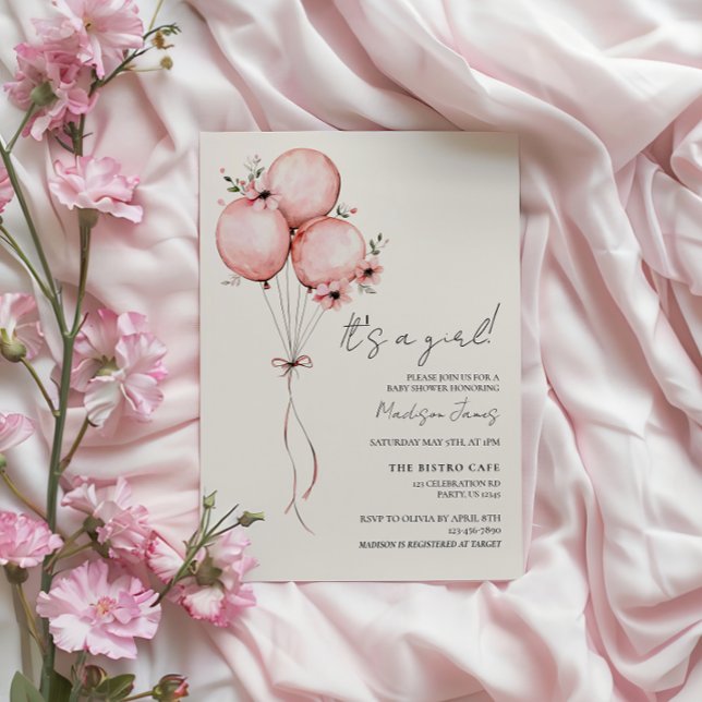 Convite para Chás de fraldas de Balões Rosa (Criador carregado)