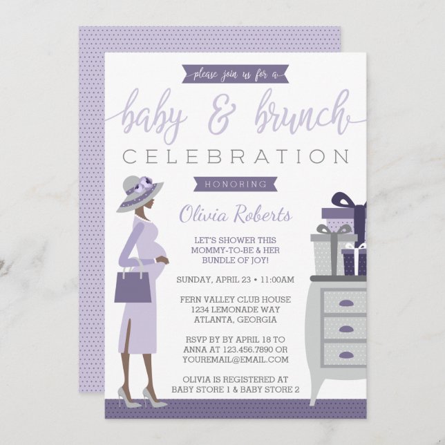 Convite Para Chás de fraldas De Bebê E Bruca, Roxo (Frente/Verso)