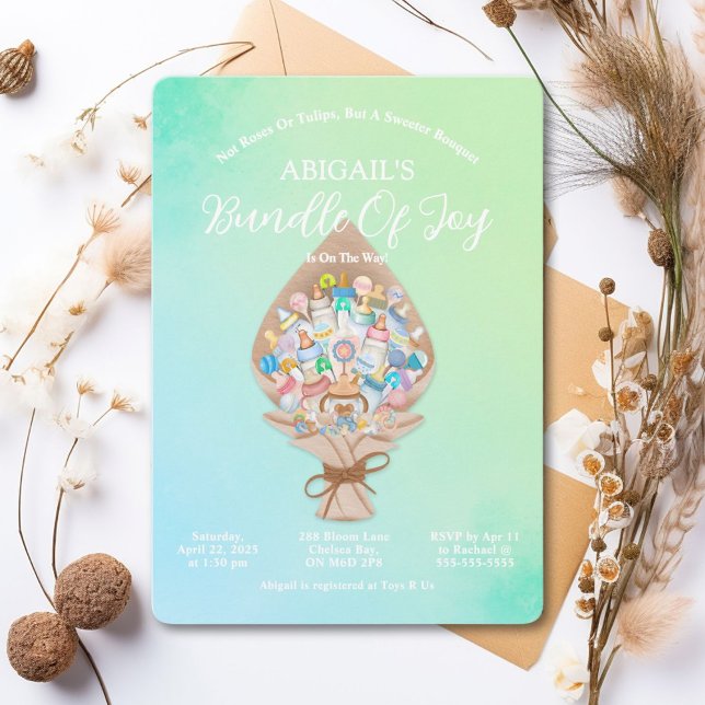 Convite para Chás de fraldas de buquê (Join the celebration with this vibrant bouquet baby shower invitation.)