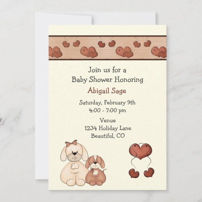 Convite para Chás de fraldas de Cães e Corações pa (Frente)