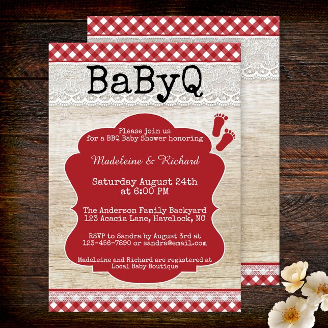 Convite para Chás de fraldas de Casais de CHURRASC (Rustic baby shower invitation in BBQ backyard style featuring a picnic table cloth with lace on wood)